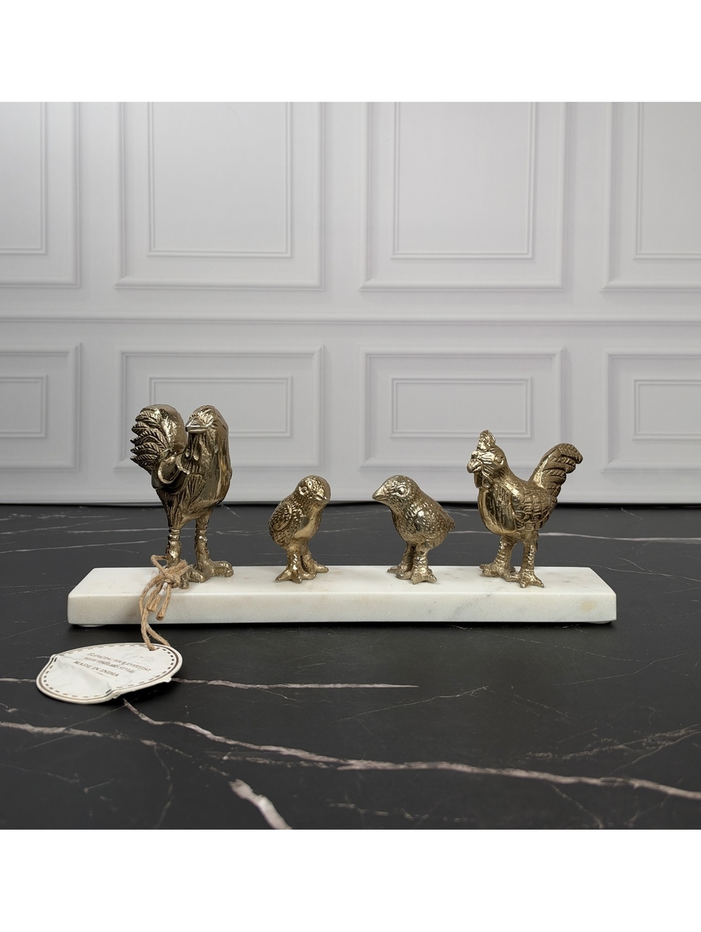 Gold Chicken Family Figurine White Stone Base Farmhouse Kitchen Decor
